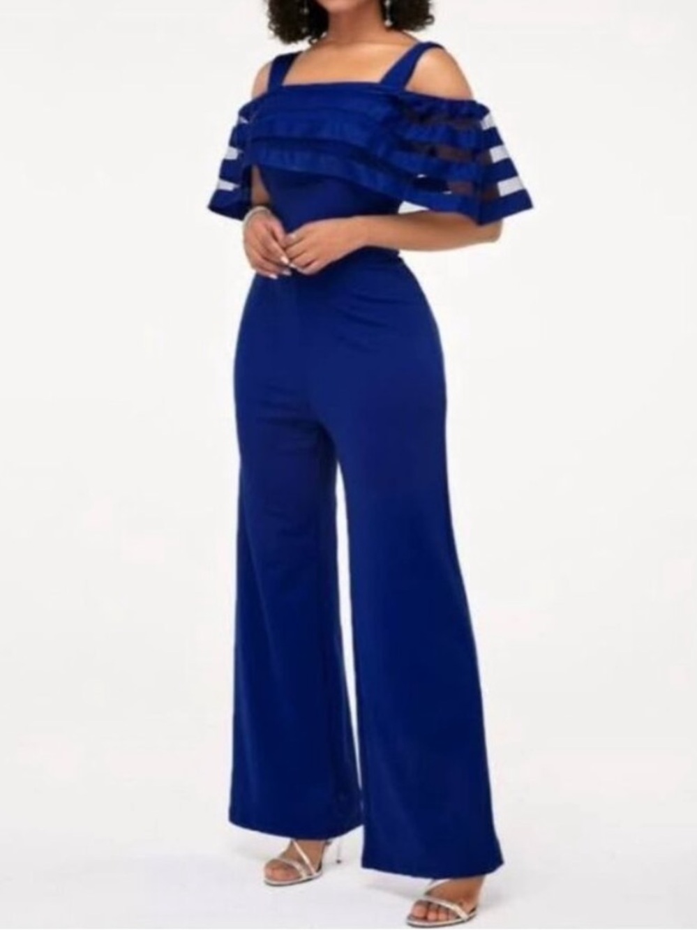 Rosewe Jumpsuit Strappy Cold Shoulder Ruffle Overlay Size S Royal Blue